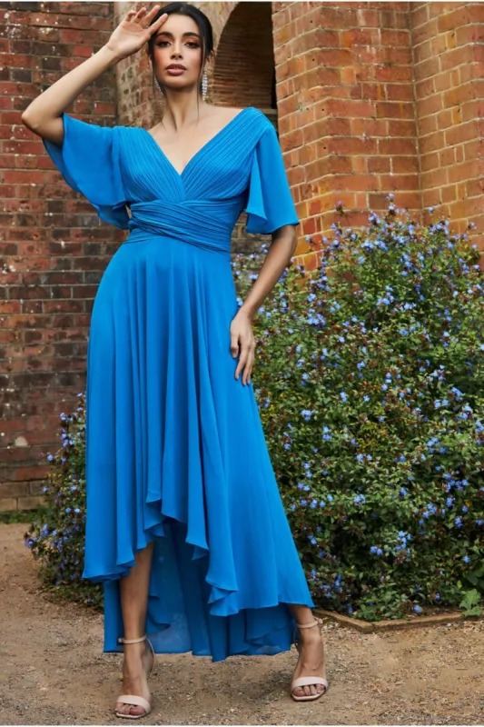 Pleated Chiffon High Low Midi Dress - Atlantic Blue by Goddiva sold by Goddiva