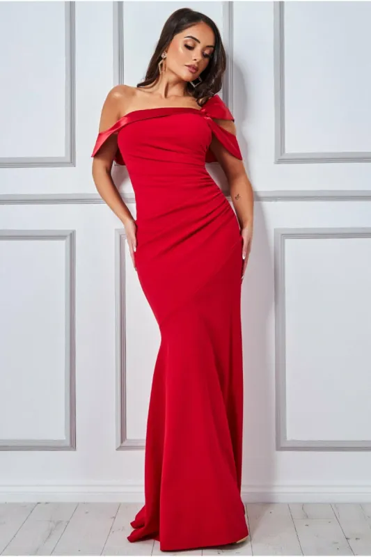 Goddiva One Shoulder Satin Band Maxi Dress - Red sold by Goddiva