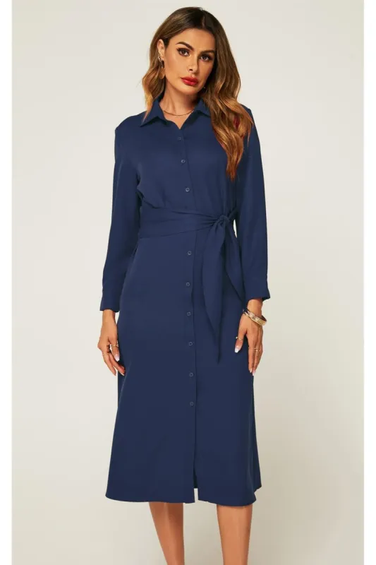 Navy Midi Shirt Dress With Tie Waist by FS Collection sold by Goddiva