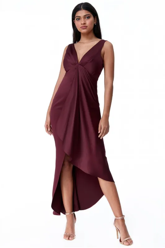 Waterfall Satin Maxi Dress  - Wine by Goddiva sold by Goddiva