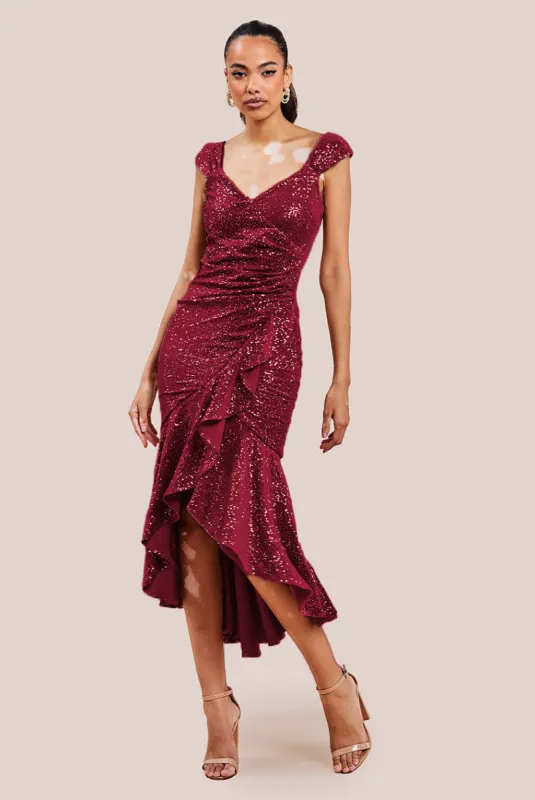 Goddiva Sequin & Velvet Bardot High Low Midaxi Dress - Wine sold by Goddiva