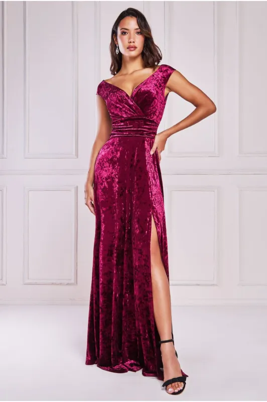 Goddiva Ice Velvet Bardot Wrap Maxi - Burgundy sold by Goddiva