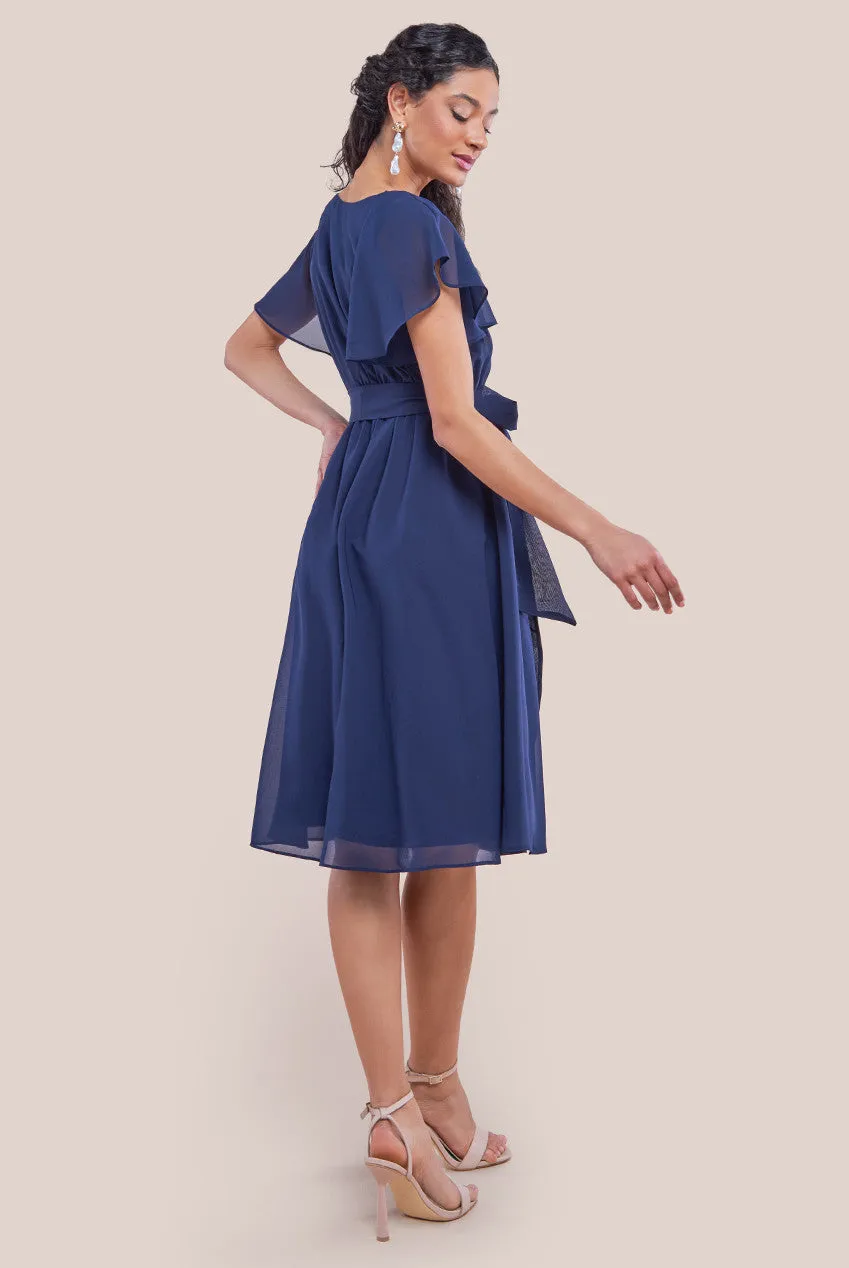 Goddiva Sustainable Flutter Sleeve Chiffon Wrap Midi Dress - Navy sold by Goddiva product image thumbnail 2