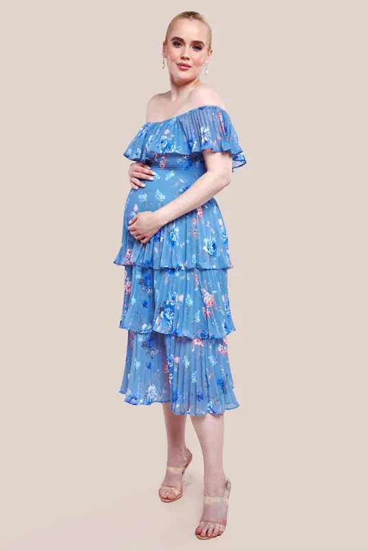 Goddiva Maternity Pleated Bodice Chiffon Tiered Midi Dress - Blue sold by Goddiva