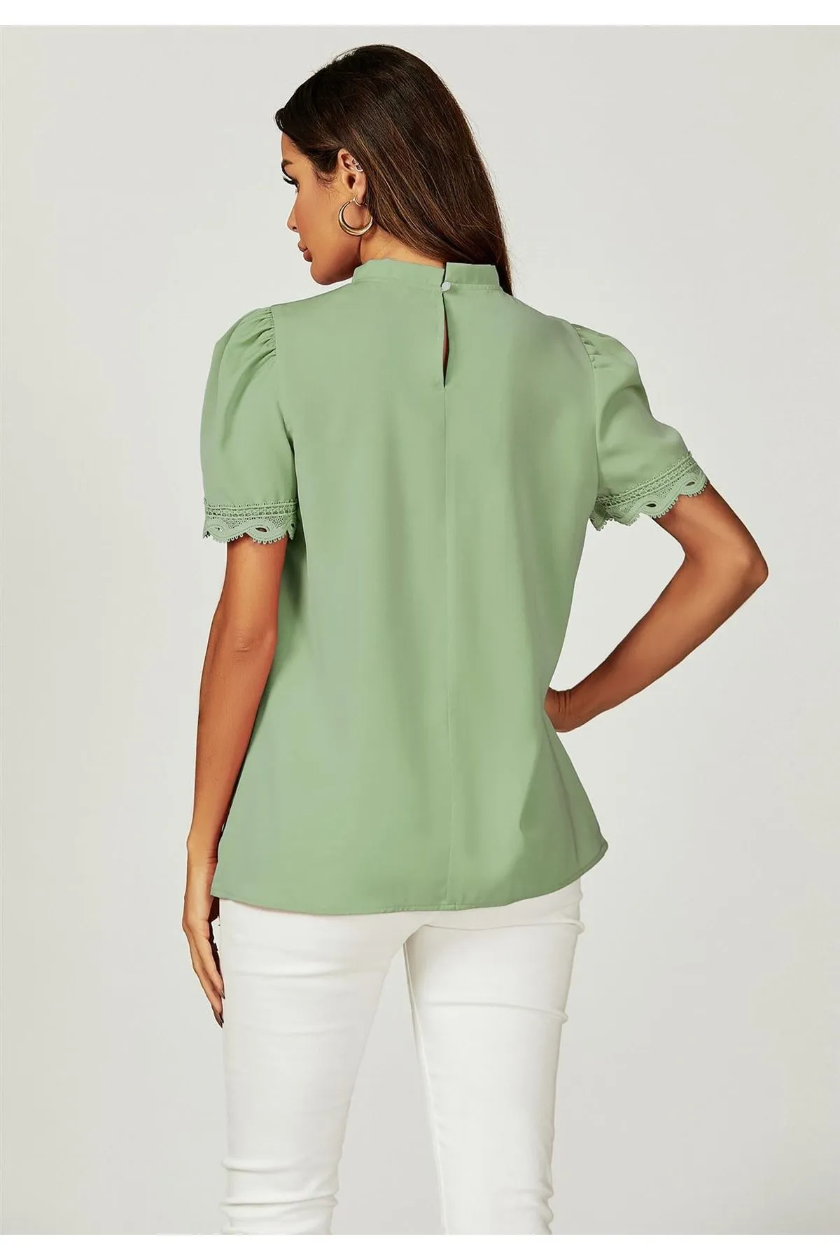 FS Collection Lace Trim Detail Short Sleeve High Neck Blouse Top In Light Green sold by Goddiva product image thumbnail 2