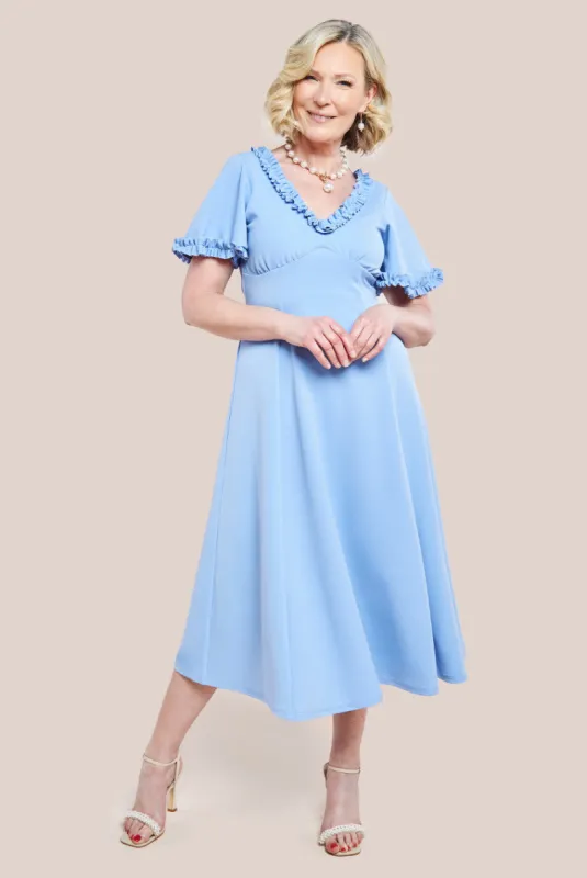 Goddiva Flare Sleeve Frill Edge Midi Dress - Corn Flower Blue sold by Goddiva
