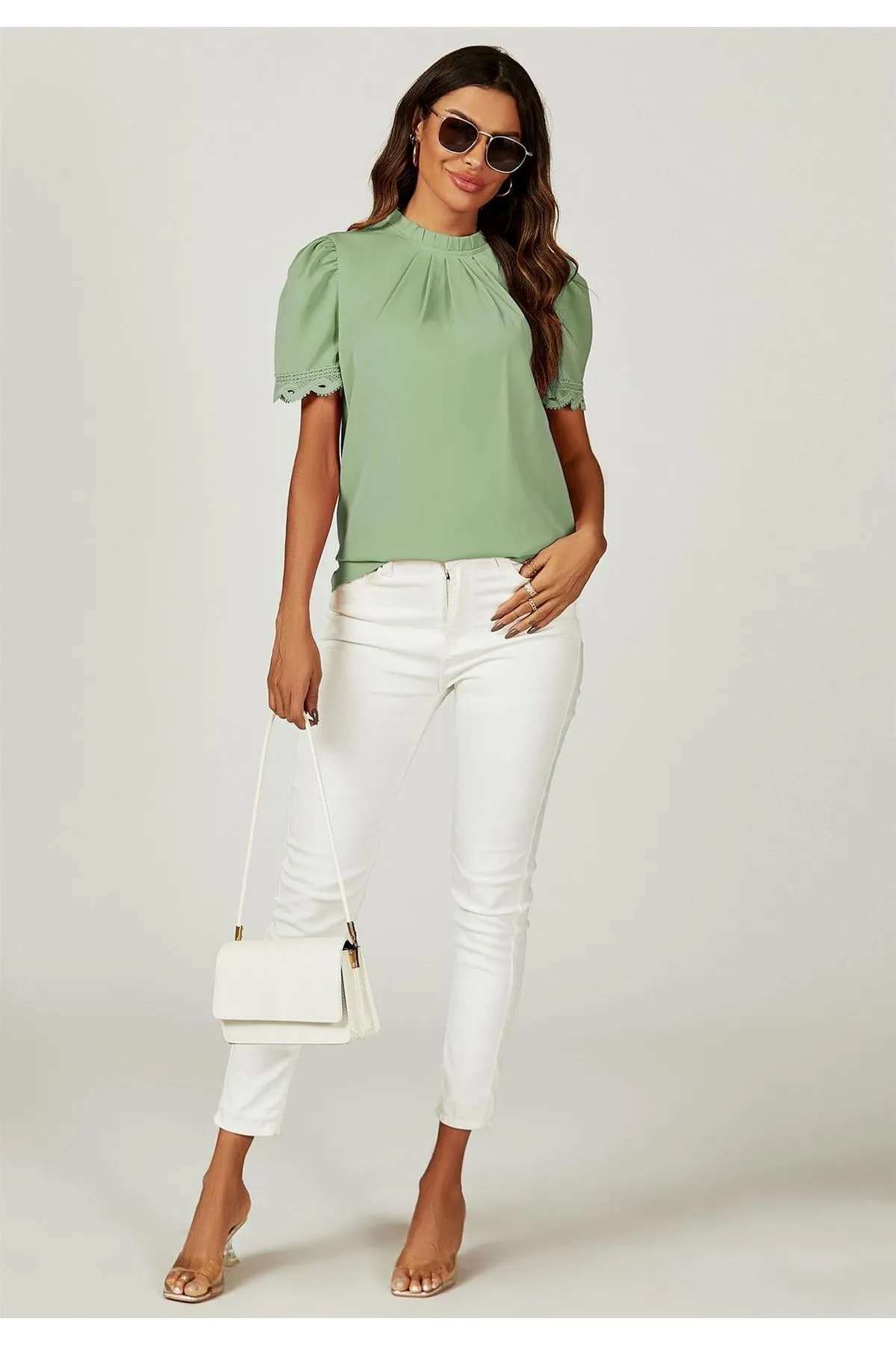 FS Collection Lace Trim Detail Short Sleeve High Neck Blouse Top In Light Green sold by Goddiva product image thumbnail 3