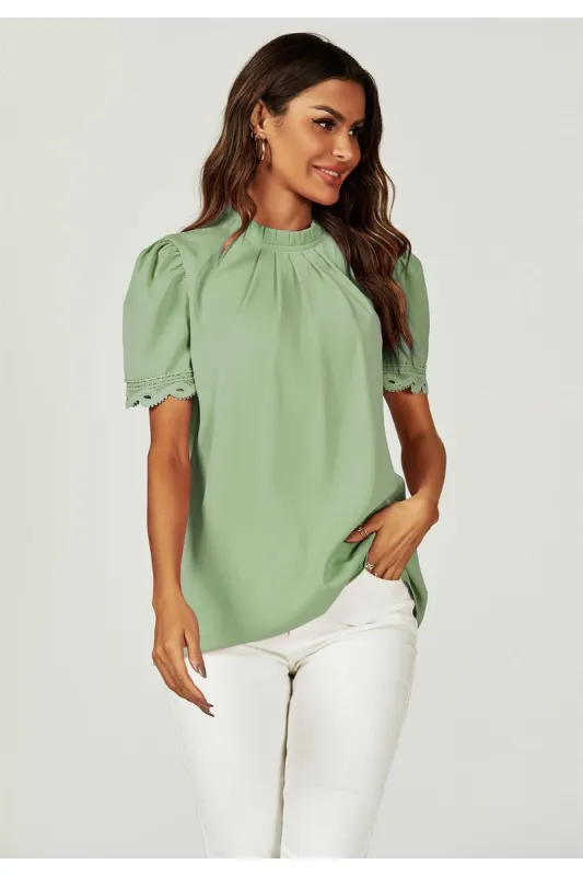 FS Collection Lace Trim Detail Short Sleeve High Neck Blouse Top In Light Green sold by Goddiva