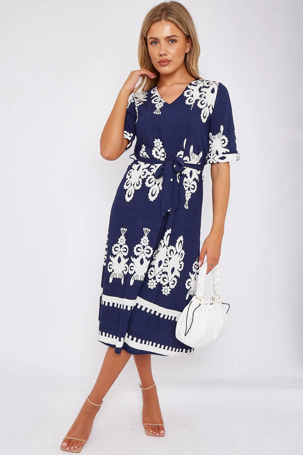 LOVE SUNSHINE Navy Pattern Print Short Sleeve Midi Dress sold by Goddiva product image thumbnail 2