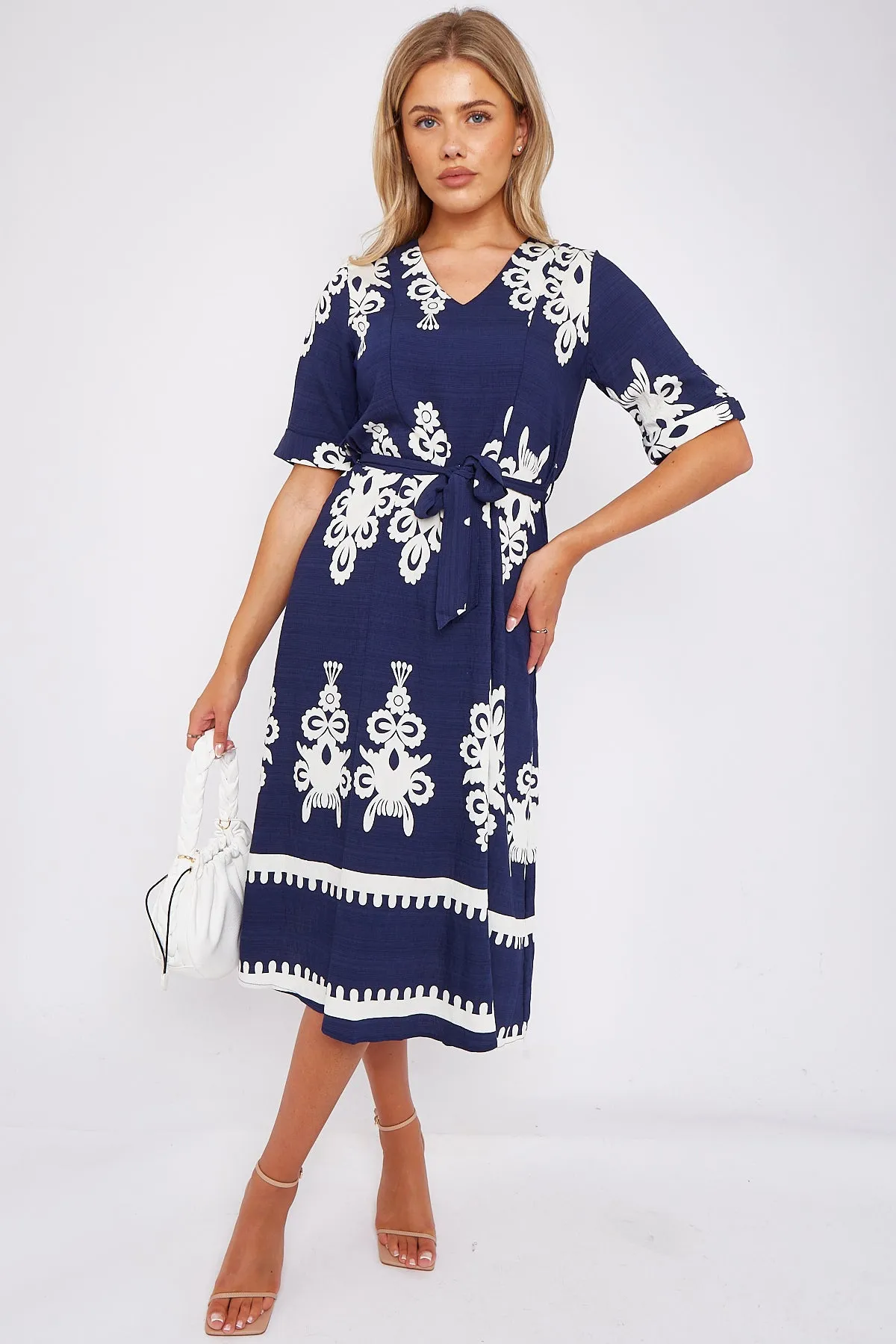 LOVE SUNSHINE Navy Pattern Print Short Sleeve Midi Dress sold by Goddiva