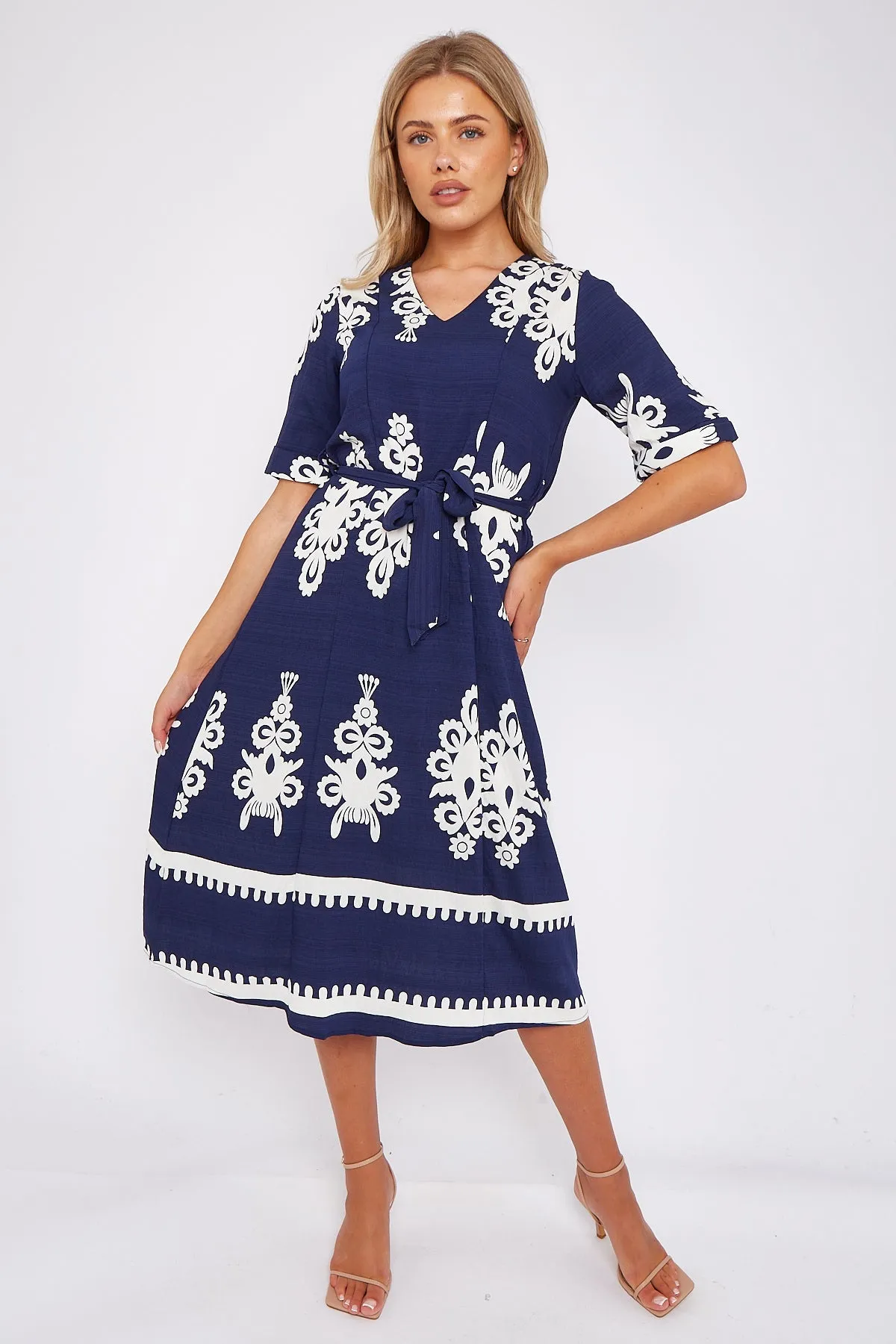 LOVE SUNSHINE Navy Pattern Print Short Sleeve Midi Dress sold by Goddiva product image thumbnail 3