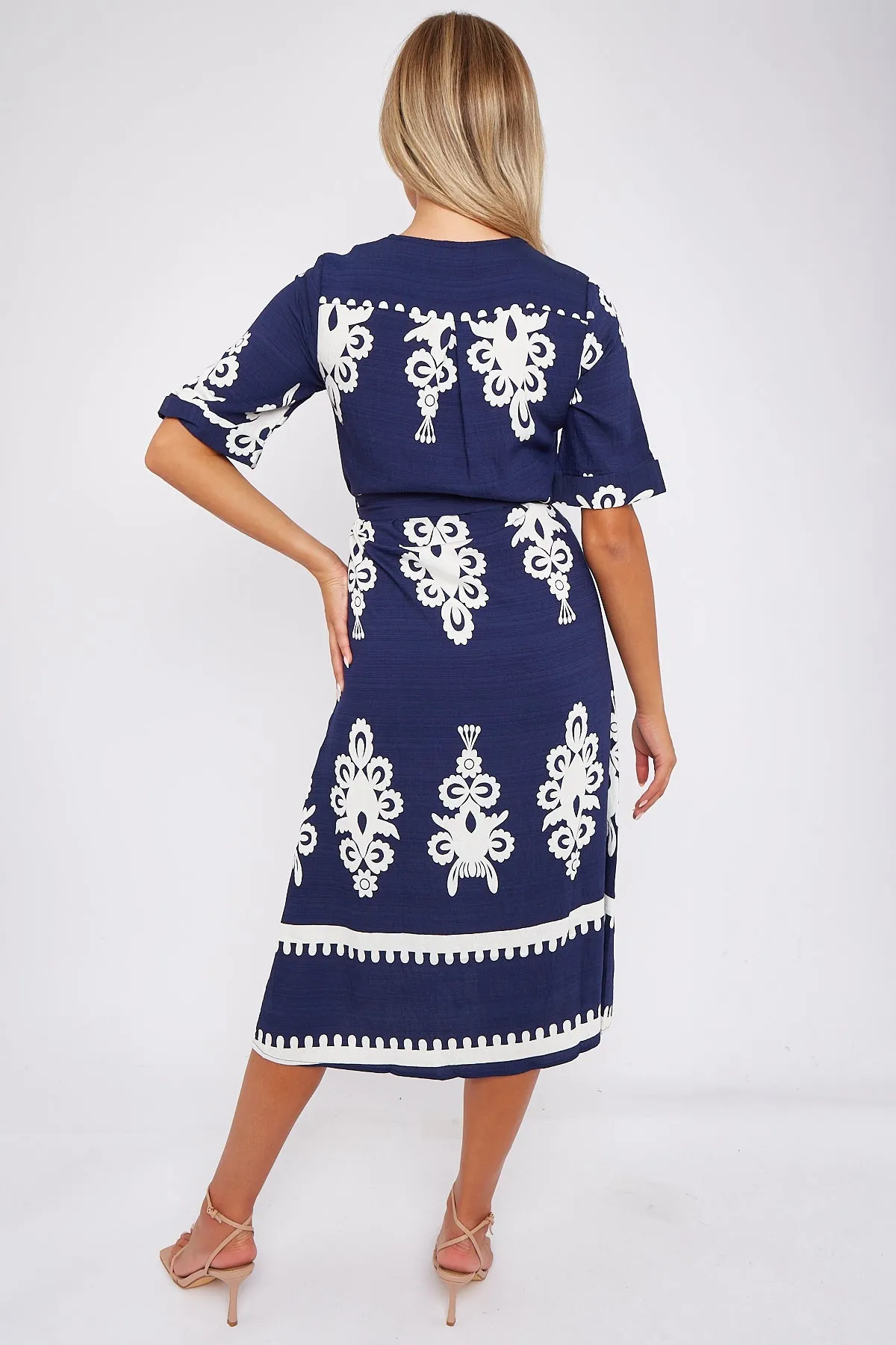 LOVE SUNSHINE Navy Pattern Print Short Sleeve Midi Dress sold by Goddiva product image thumbnail 5