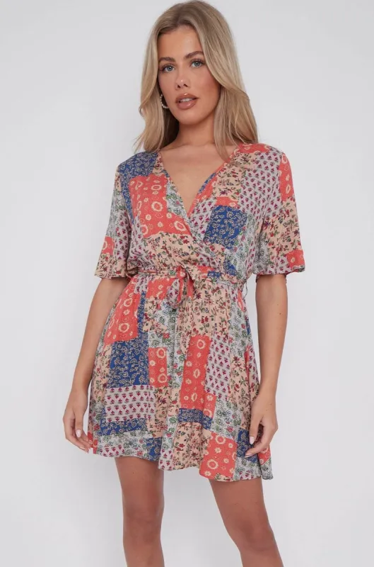 Multi Floral Patch Print Wrapped Mini Dress by LOVE SUNSHINE sold by Goddiva