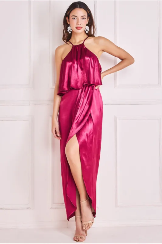 Satin Viscose Front Wrap Midaxi Dress - Burgundy by Goddiva sold by Goddiva