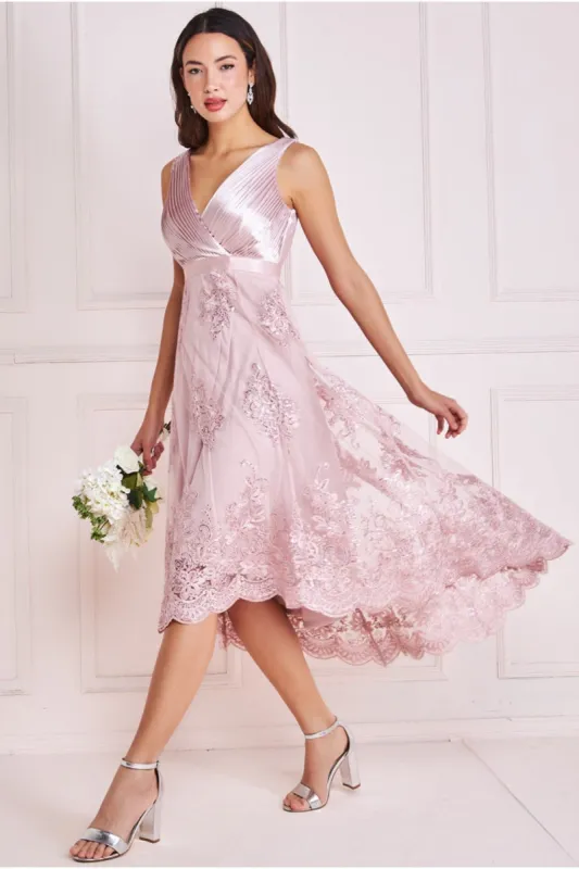 Goddiva Pleated Satin V Neck High And Low Midi - Pink sold by Goddiva