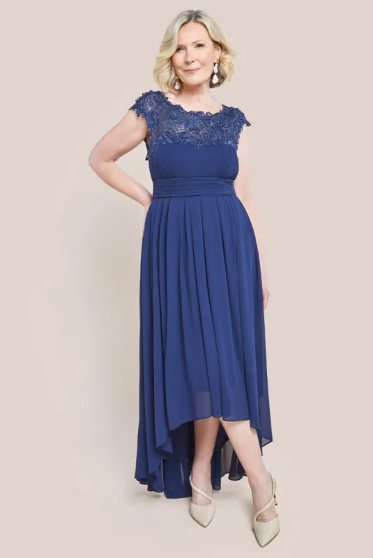 Crochet & Pleated Top High Low Maxi Dress - Navy by Goddiva sold by Goddiva