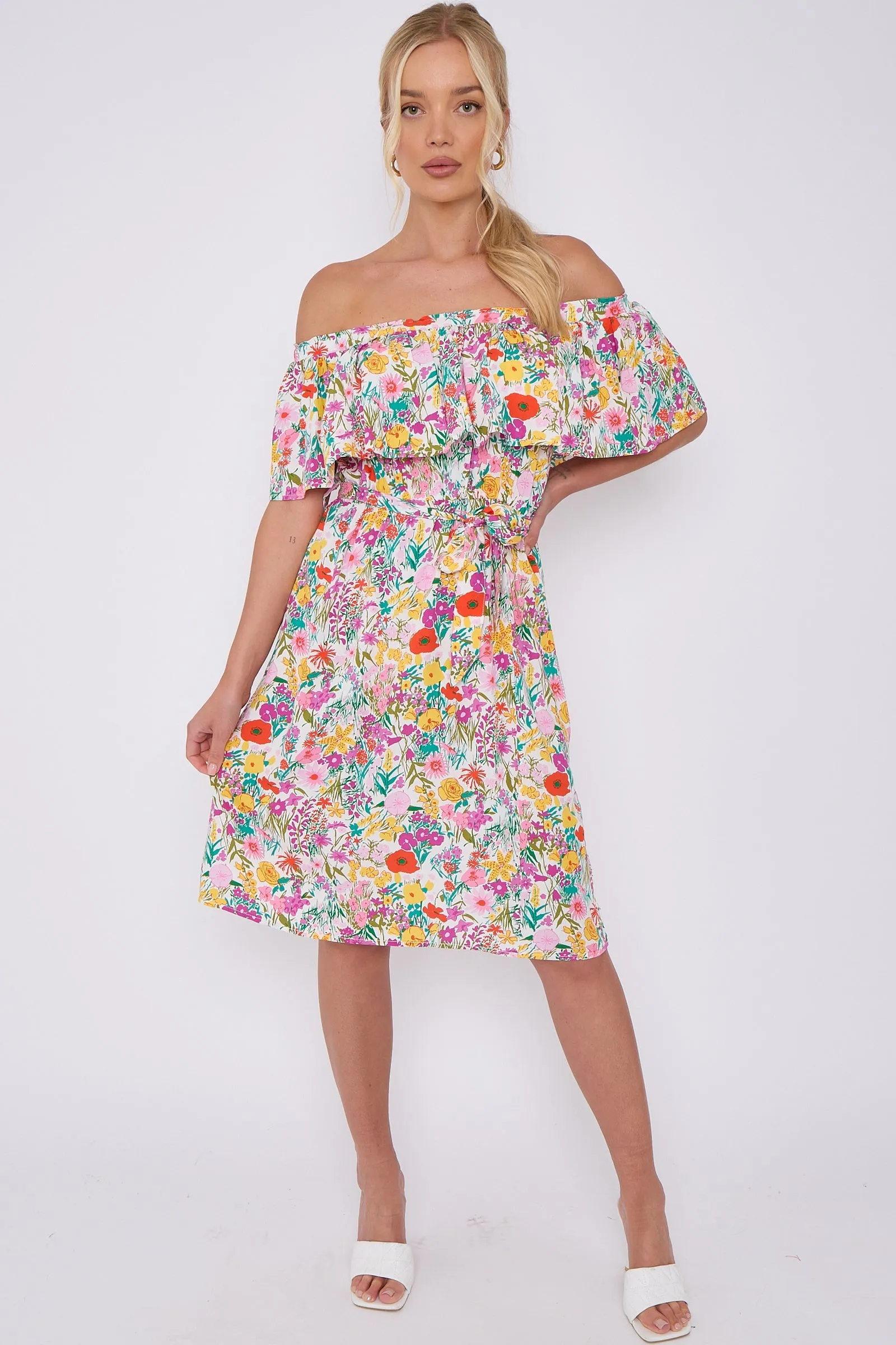 White Floral Print Bardot Mini Dress by LOVE SUNSHINE sold by Goddiva product image thumbnail 3