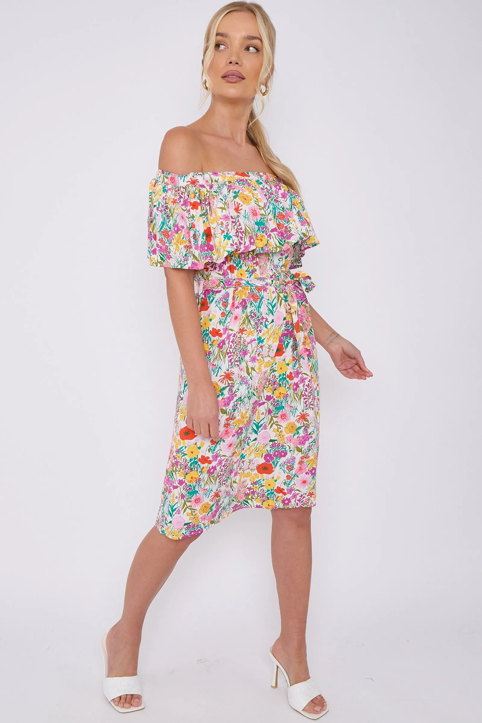 White Floral Print Bardot Mini Dress by LOVE SUNSHINE sold by Goddiva product image thumbnail 4