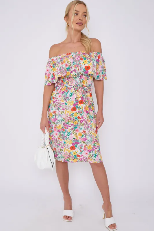 White Floral Print Bardot Mini Dress by LOVE SUNSHINE sold by Goddiva