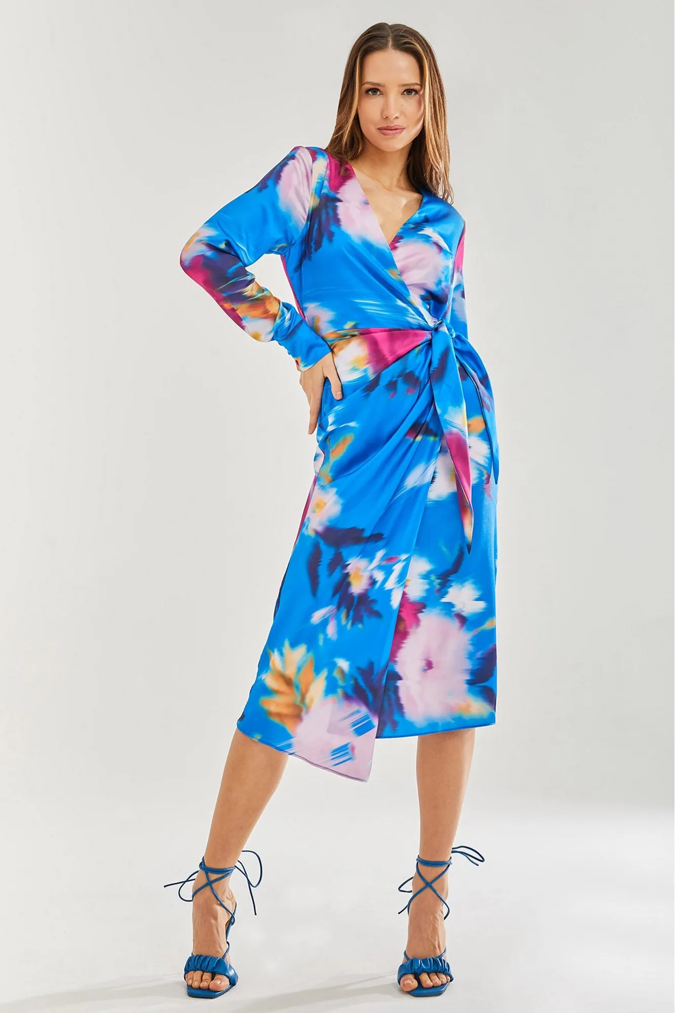 Liquorish Floral Satin Wrap Midi Dress sold by Goddiva