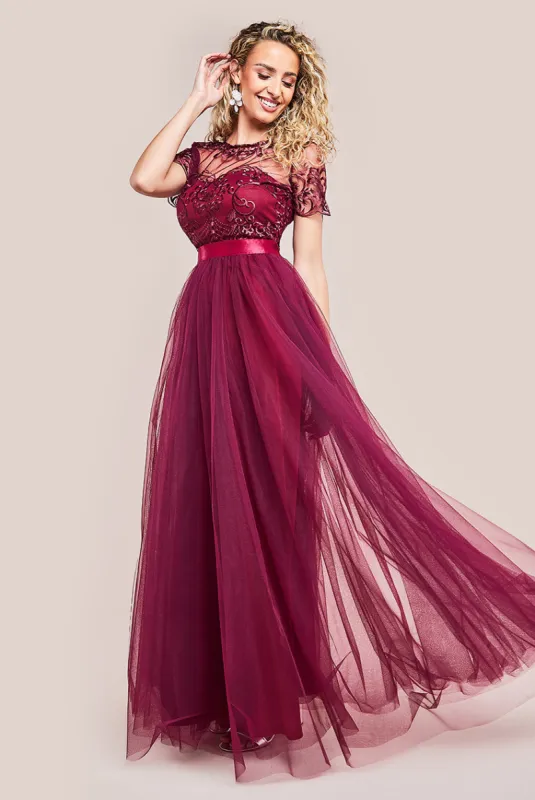 Embroidered Mesh Maxi Dress - Burgundy by Goddiva sold by Goddiva