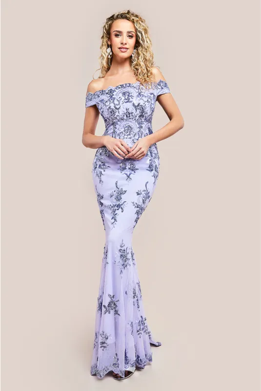 Goddiva Bardot Sequin Embroidered Maxi Dress - Lilac sold by Goddiva