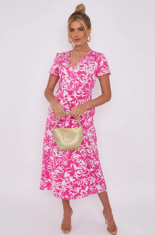 LOVE SUNSHINE Pink Floral Print Wrapped Midi Dress sold by Goddiva