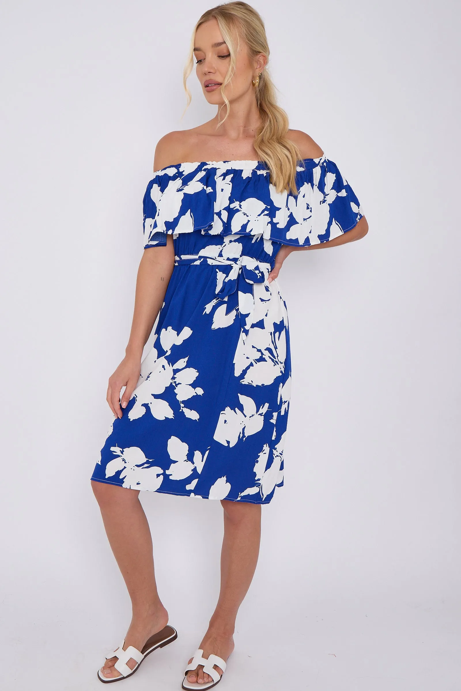 LOVE SUNSHINE Blue Floral Print Bardot Mini Dress sold by Goddiva product image thumbnail 4