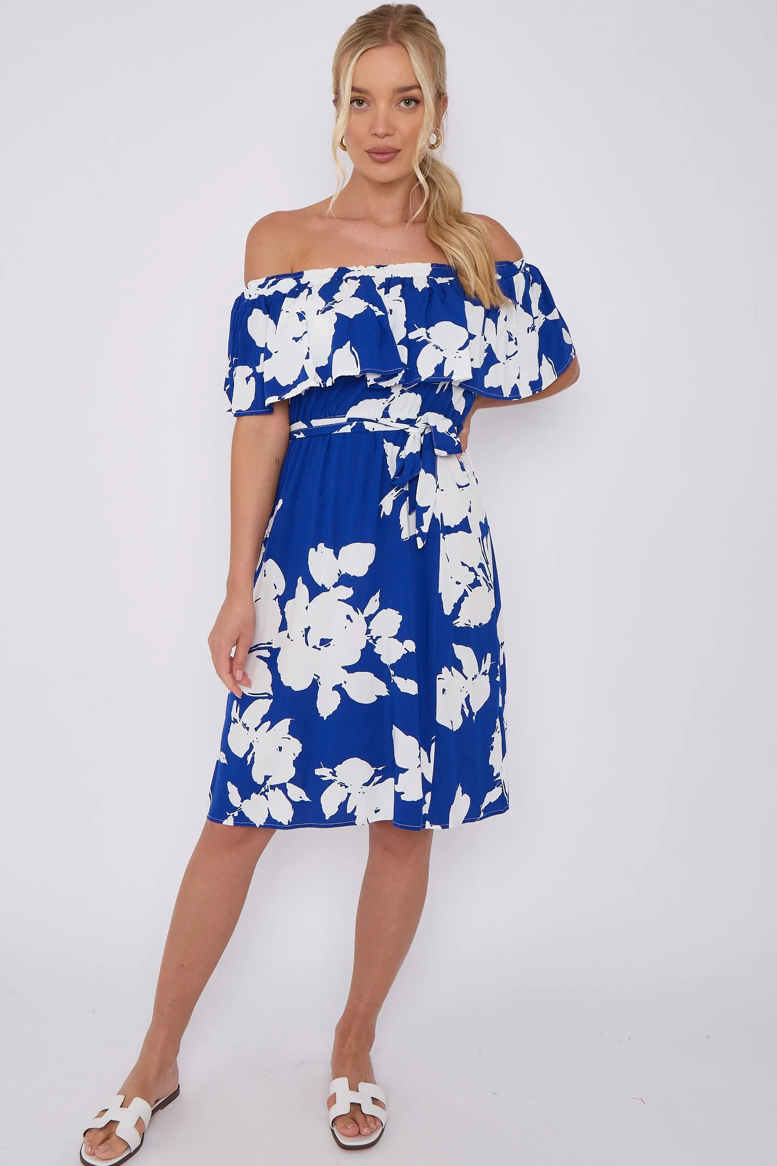 LOVE SUNSHINE Blue Floral Print Bardot Mini Dress sold by Goddiva