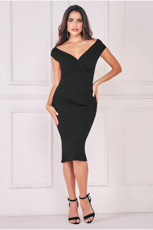 Scuba Bardot Pleated Midi Dress - Black by Goddiva sold by Goddiva
