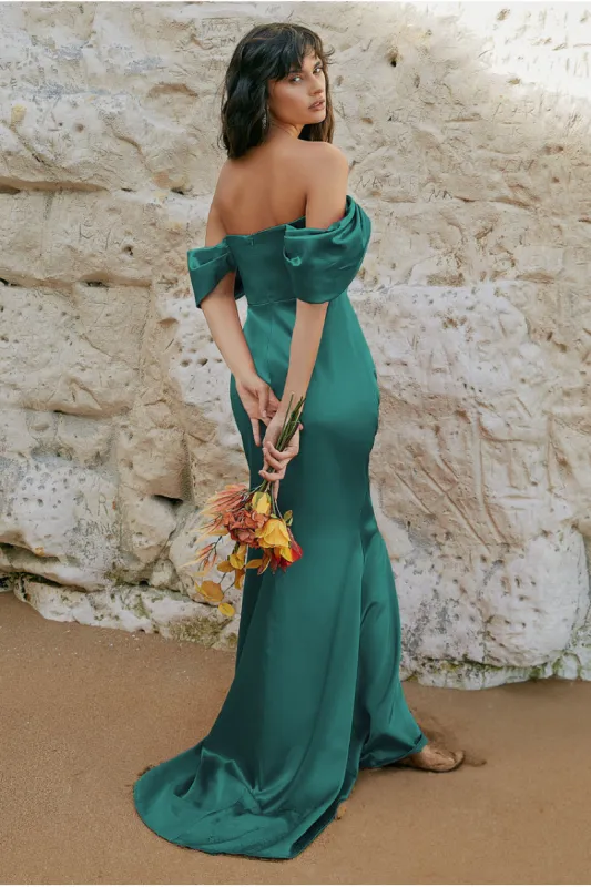 Off Shoulder Satin Maxi With V Neck - Emerald by Goddiva sold by Goddiva