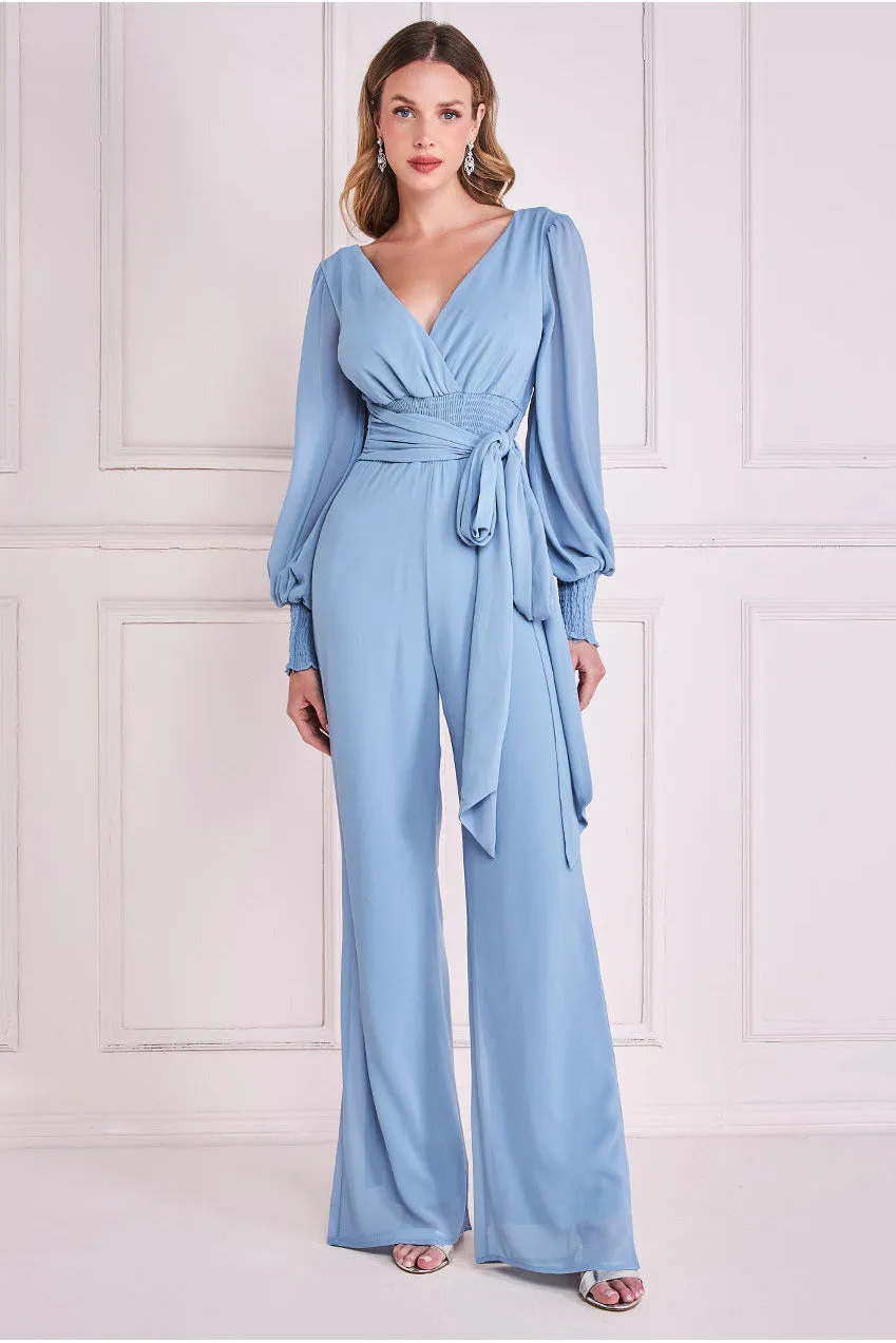 Goddiva Chiffon Puffy Sleeve Jumpsuit - Blue sold by Goddiva