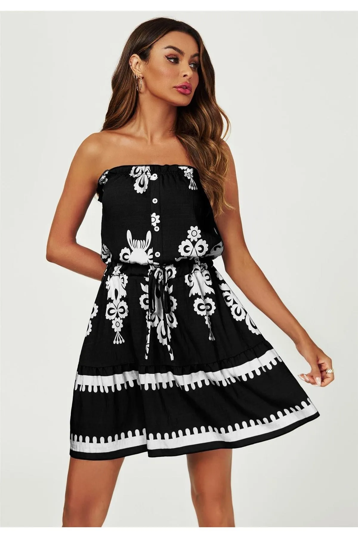FS Collection Printed Broderie Strapless Mini Dress In Black sold by Goddiva product image thumbnail 2