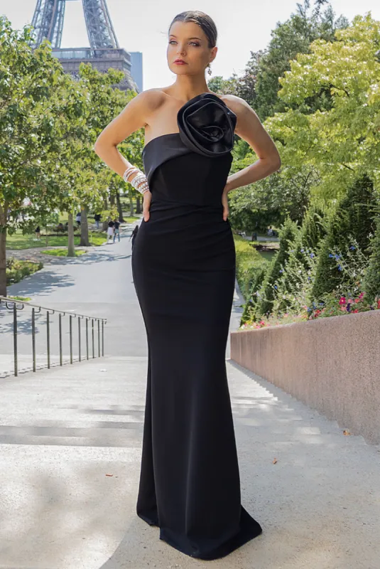 Satin Corsage Scuba Crepe Maxi Dress - Black by Goddiva sold by Goddiva