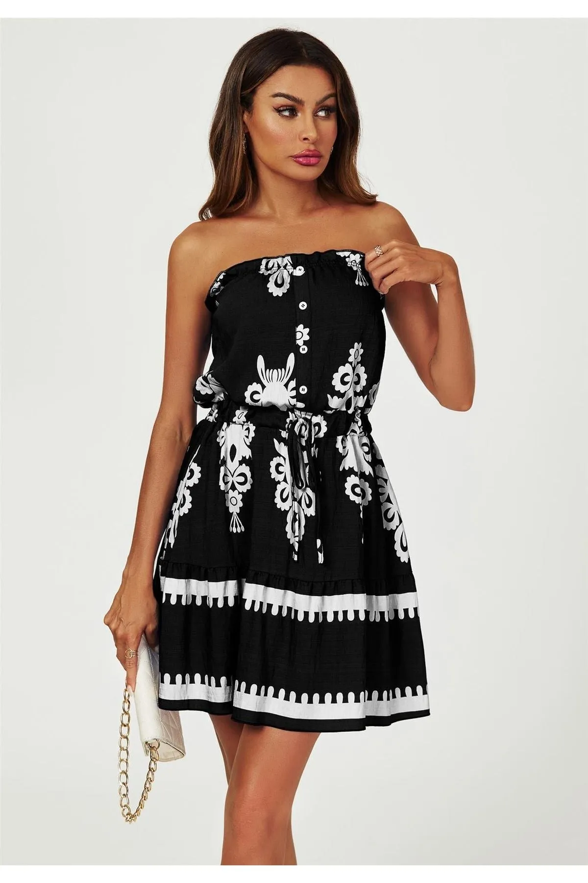 FS Collection Printed Broderie Strapless Mini Dress In Black sold by Goddiva product image thumbnail 3