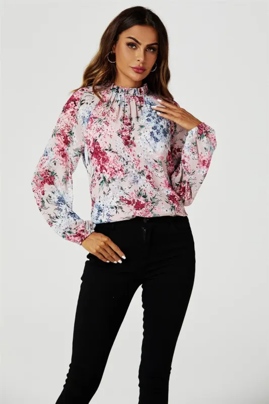 Floral Print Long Sleeve Frill High Neck Top In Pink by FS Collection sold by Goddiva