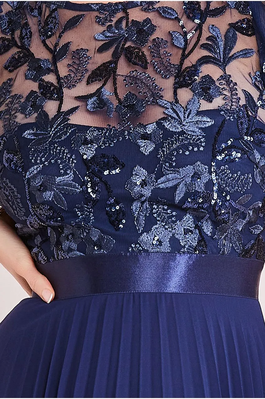 Embroidered Top Chiffon Pleated Midi - Navy Blue by Goddiva sold by Goddiva product image thumbnail 4