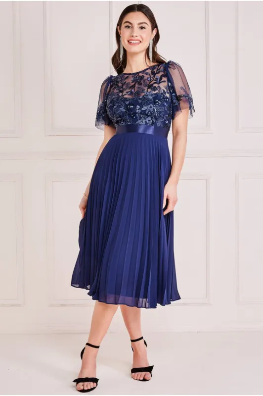 Embroidered Top Chiffon Pleated Midi - Navy Blue by Goddiva sold by Goddiva