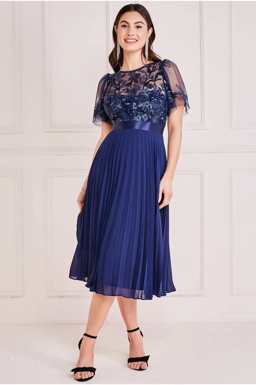 Embroidered Top Chiffon Pleated Midi - Navy Blue by Goddiva sold by Goddiva