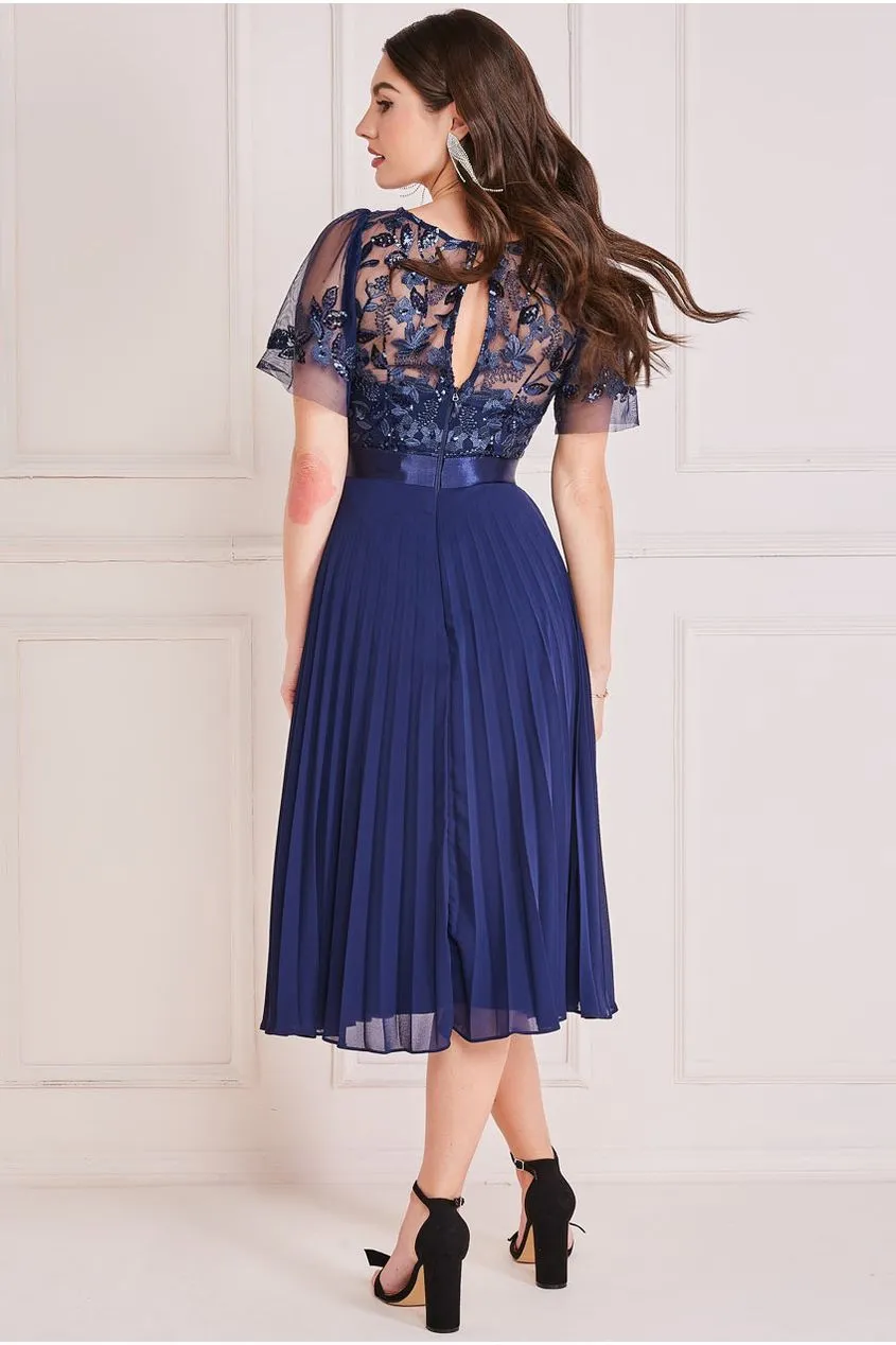 Embroidered Top Chiffon Pleated Midi - Navy Blue by Goddiva sold by Goddiva product image thumbnail 2