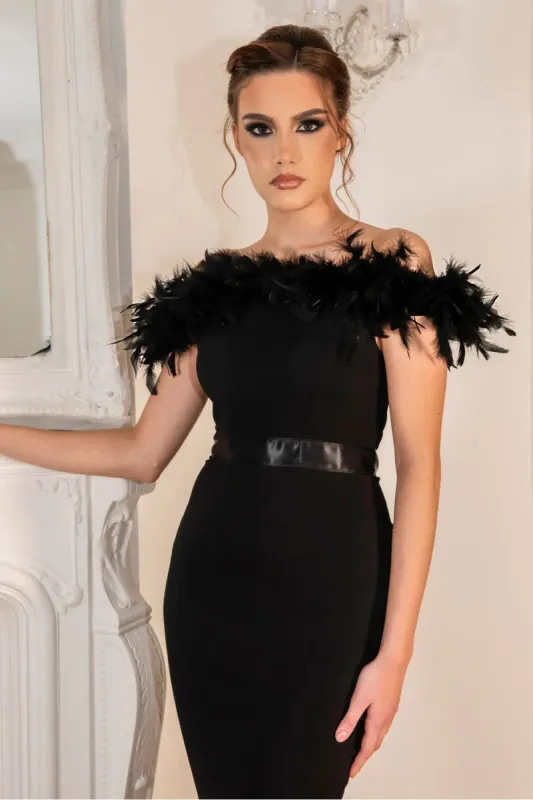 Crystal Fishtail Bardot Feather Trim Dress by Saint A sold by Goddiva