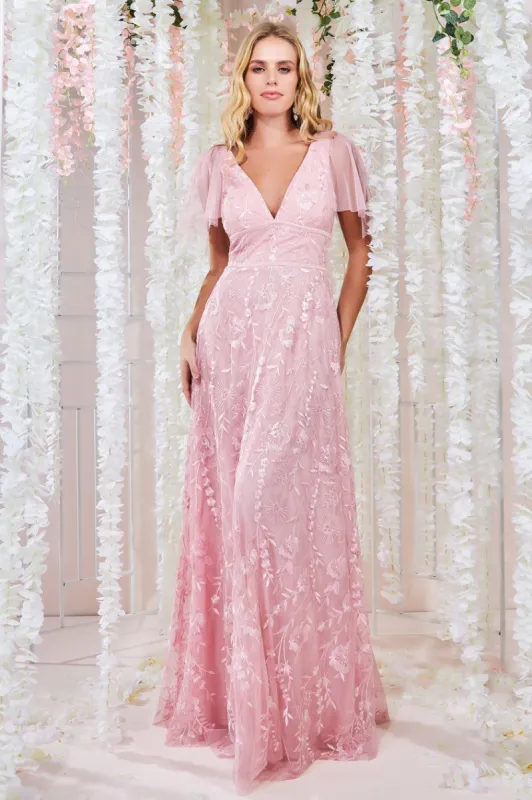 Goddiva Embroidered Lace Maxi Flutter Sleeves - Blush sold by Goddiva