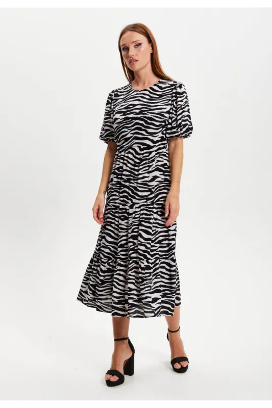 Liquorish Zebra Printed Open Back Viscose Midi Dress sold by Goddiva