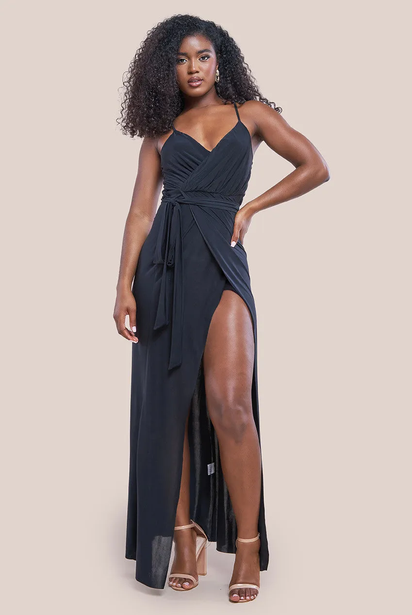 Wrap Front Maxi Slip Dress With Waist Tie-Up - Black by City Goddess sold by Goddiva