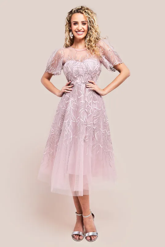 Goddiva Embroidered Mesh Midi Dress - Blush sold by Goddiva