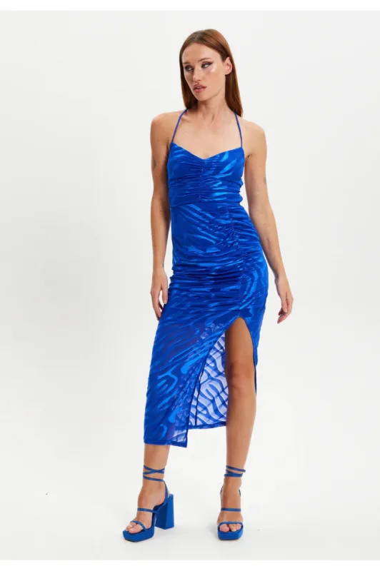 Zebra Print Royal Blue Midi Dress by Liquorish sold by Goddiva
