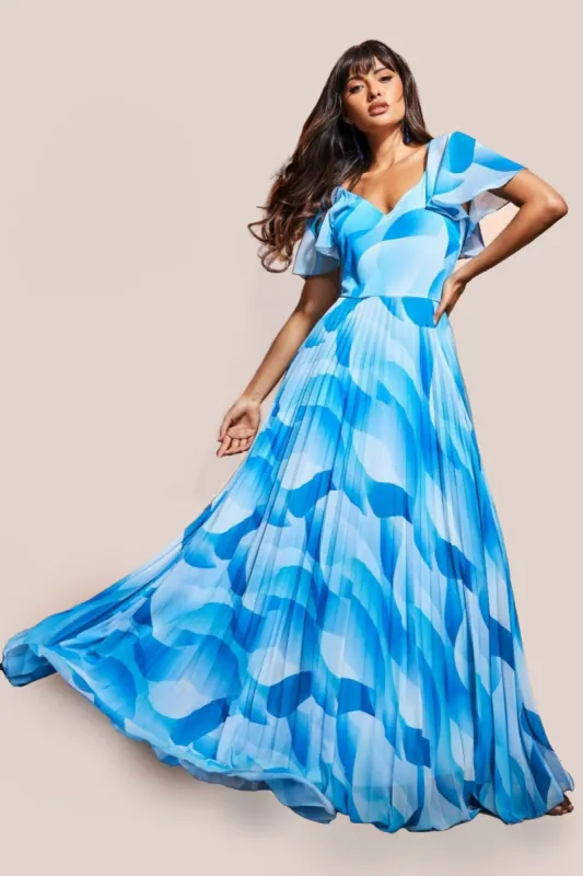 Goddiva Printed Chiffon Pleated Maxi Dress - Blue sold by Goddiva