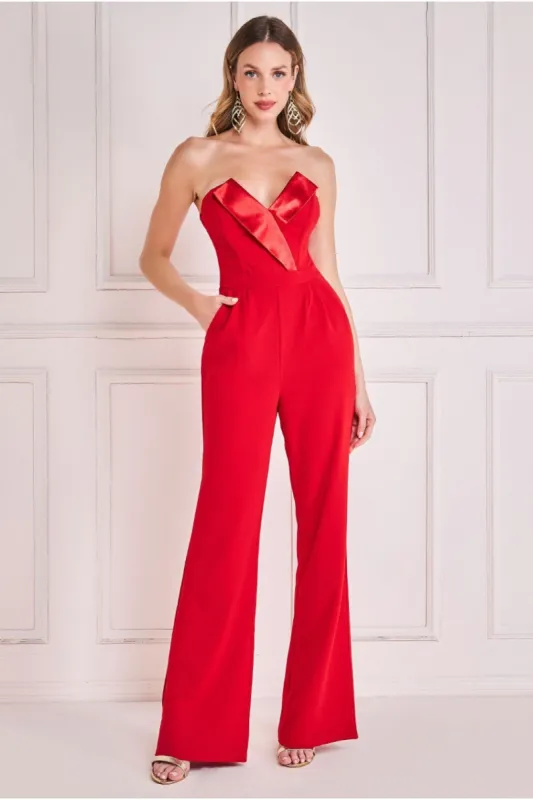 Satin Collar Scuba Jumpsuit - Red by Goddiva sold by Goddiva
