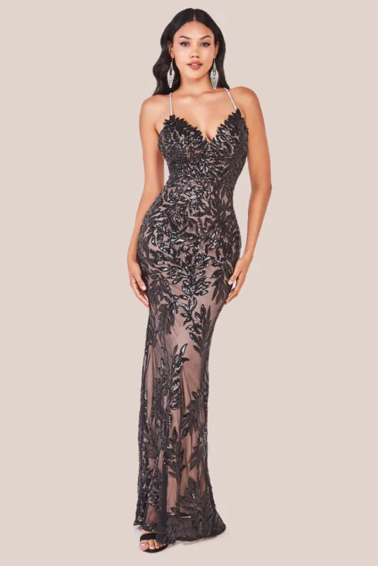 Cross Back Diamante Strap Sequin Maxi - Black by Goddiva sold by Goddiva