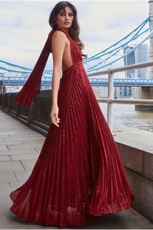 Goddiva Plunge Halterneck Sequin Lurex Maxi - Wine sold by Goddiva